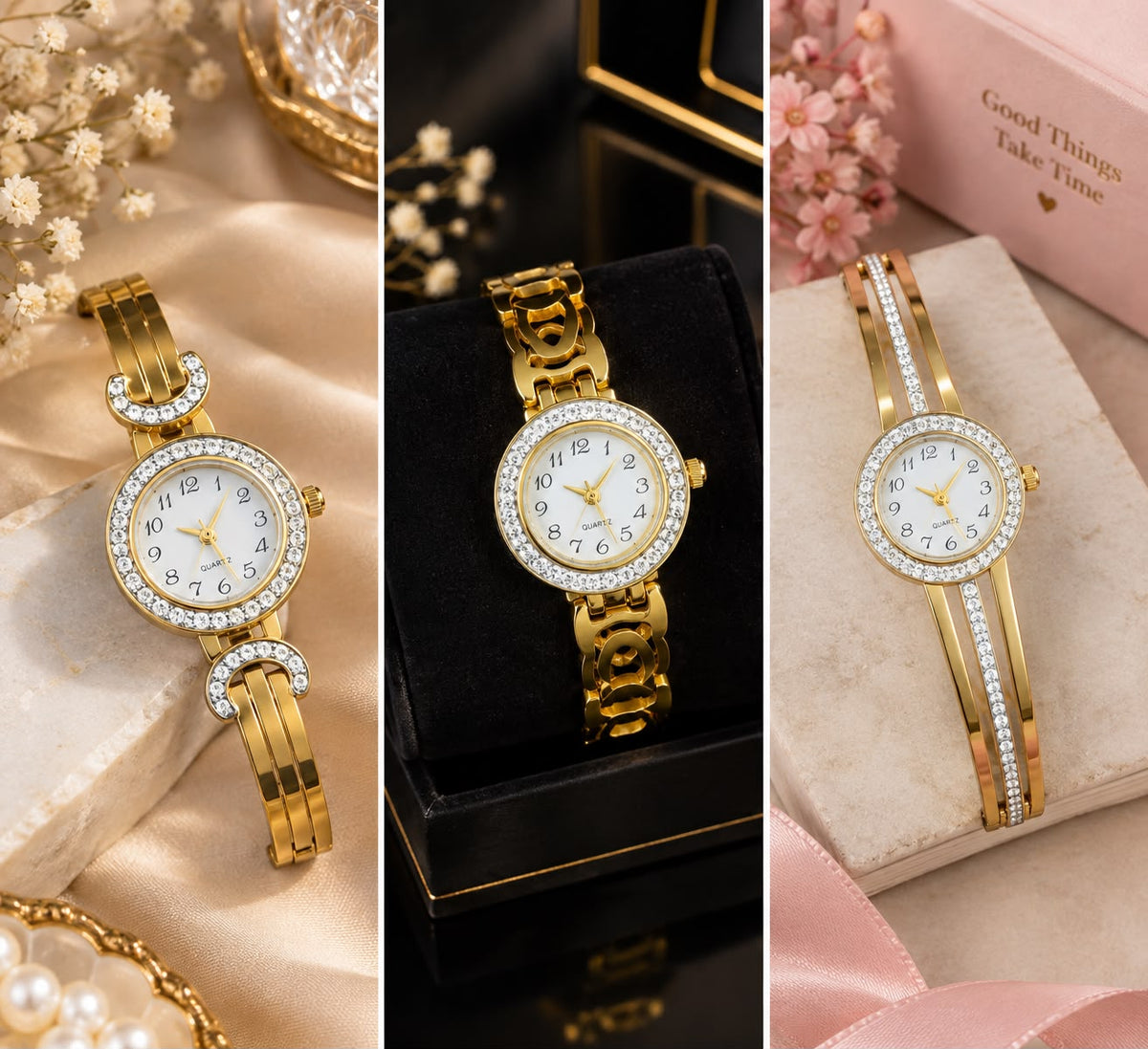 golden crystal bangle watch