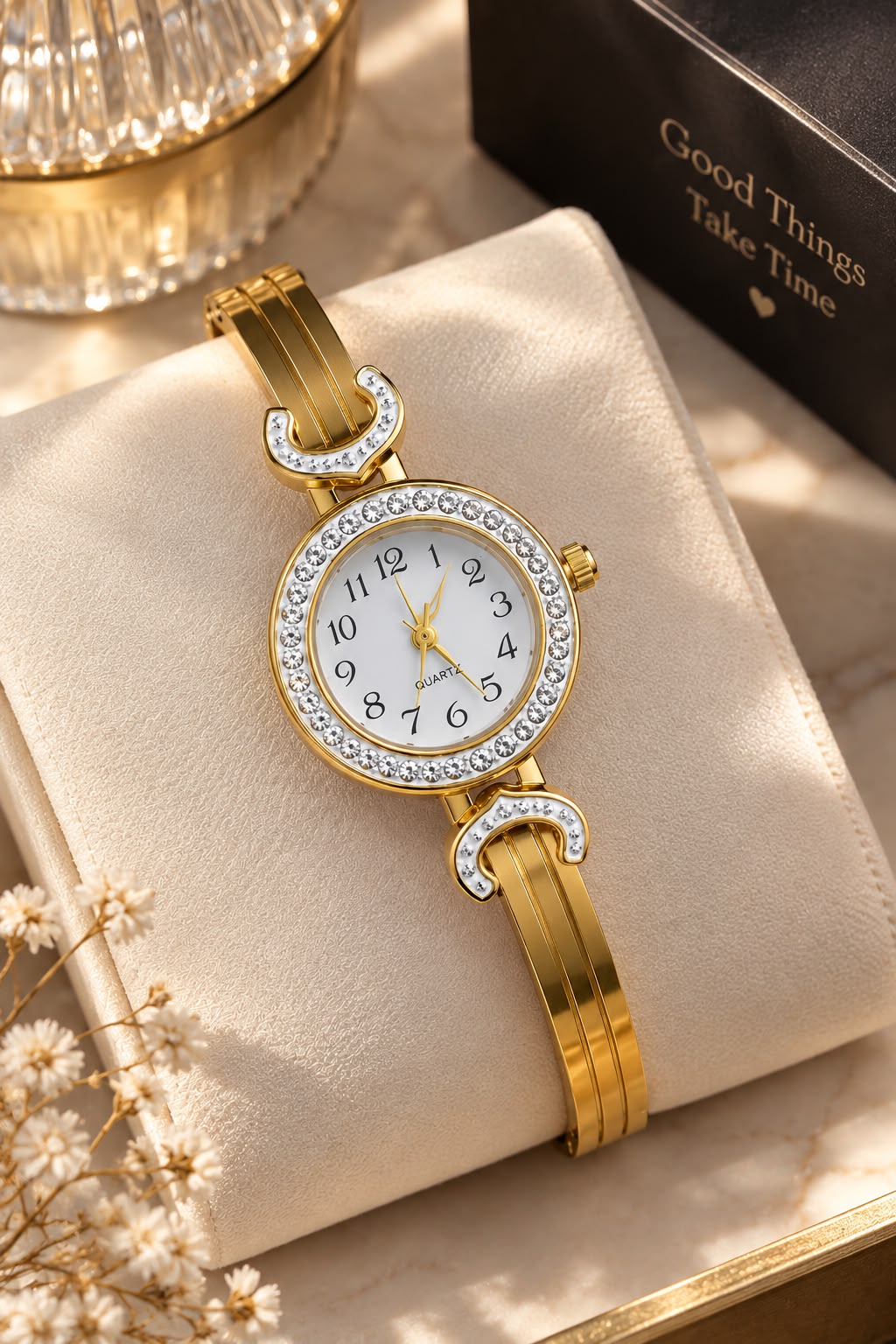 golden crystal bangle watch
